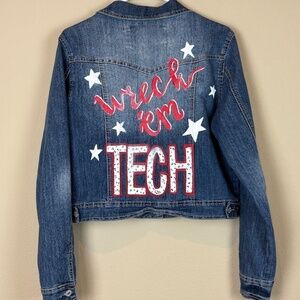 Maurices Cropped Blue Denim Custom "Wreck 'em Tech" with Stars Jacket; Size L